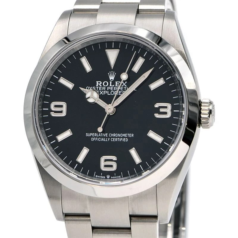 ROLEX EXPLORER BLACK WATCH: ROLEX Explorer Black Watch Brand: ROLEX Type: Wristwatch Material: Band Material Stainless Steel, Case Material NA Color: Band Color Black Size: Band Size 18.9cm, Case Size 36mm Accessories: None