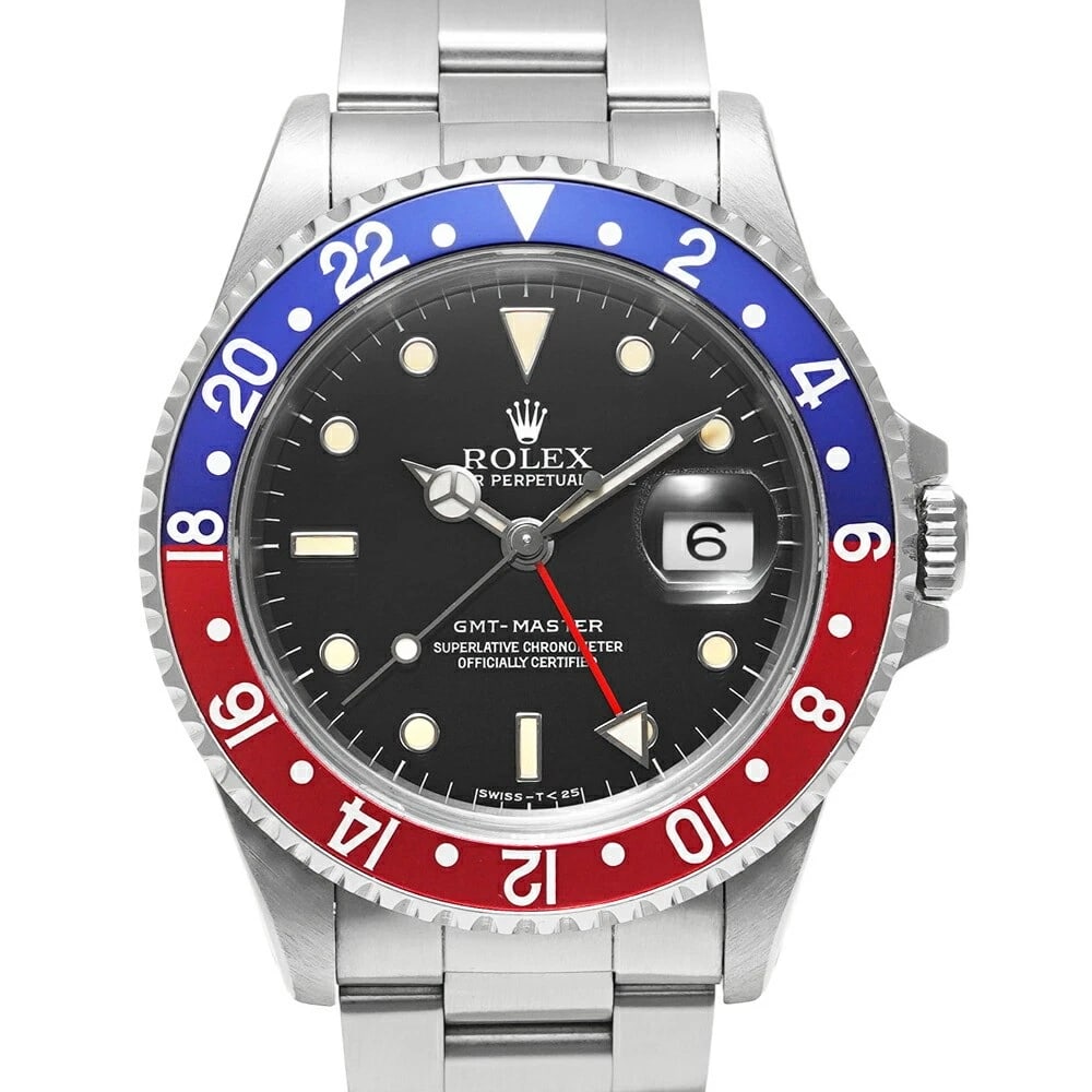ROLEX GMT MASTER BLACK WATCH: ROLEX Gmt Master Black Watch Brand: ROLEX Type: Wristwatch Material: Band Material Stainless Steel, Case Material NA Color: Band Color Black Size: Band Size NA, Case Size 40mm x 40mm 