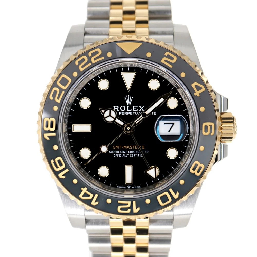 ROLEX GMT MASTER BLACK WATCH: ROLEX Gmt Master Black Watch Brand: ROLEX Type: N/A Material: Band Material Ss (Stainless Steel) X Yg (Yellow Gold), Case Material N/A Color: Band Color Black Size: Band Size none, Case Size 40mm