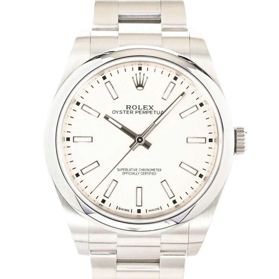 ROLEX OYSTER PERPETUAL WHITE WATCH: ROLEX Oyster Perpetual White Watch Brand: ROLEX Type: N/A Material: Band Material Stainless Steel/Bracelet, Case Material N/A Color: Band Color White Size: Band Size none, Case Size 39mm Accessor
