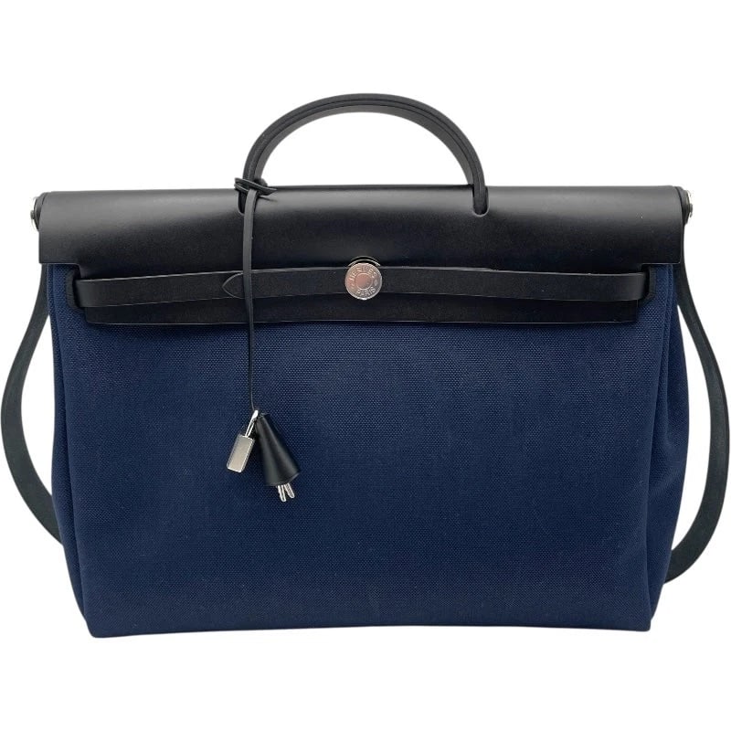 HERMES HERBAG ZIP MM W STAMP NAVY SHW TOILE HANDBAG (1 of 9)
