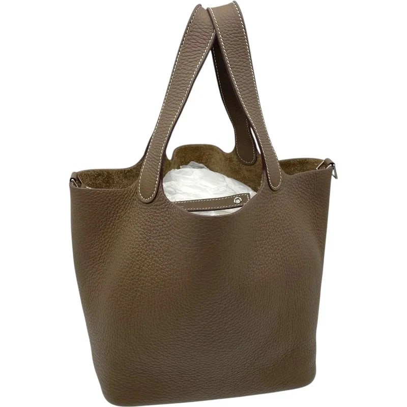 HERMES PICOTIN LOCK STAMP ETOUPE SHW TAURILLON LEATHER HANDBAG: Hermes Picotin Lock Stamp Etoupe SHW Taurillon Leather Handbag Brand: HERMES Type: Handbag Material: Taurillon Color: Etoupe SV Hardware Size: W: 22cm / H: 22cm / D: 18cm Accessories: None