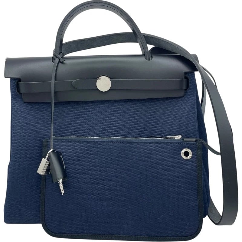 HERMES HERBAG ZIP STAMP NAVY & BLACK SHW TOILE HUNTER SHOULDER BAG HANDBAG (1 of 9)
