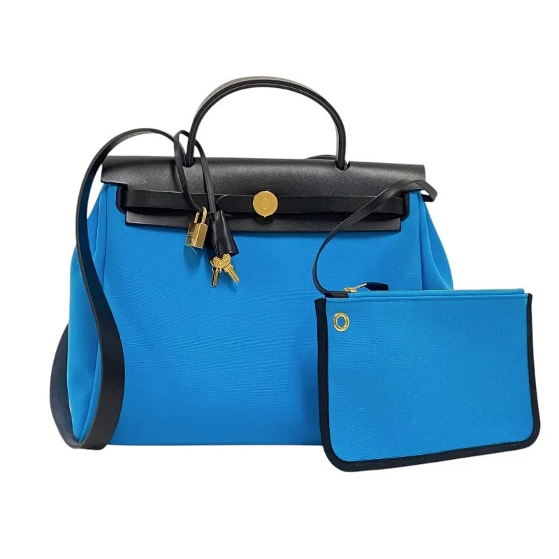 HERMES HERBAG ZIP STAMP BLUE ZANZIBAR BLACK GHW TOILE/LEATHER HANDBAG (1 of 5)