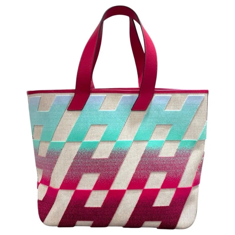 HERMES AMBIE GM Z STAMP GRADIENT PINK-GREEN TOILE HANDBAG: HERMES Ambie GM Z Stamp Gradient Pink-Green Toile Handbag Brand: HERMES Type: Handbag Material: Toile Sault H Color: Gradient pink and green Size: W: 36.5cm / H: 32cm / D: 12.5cm Accessories: Non