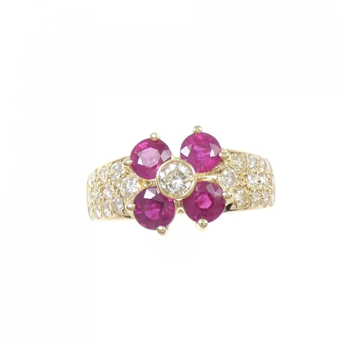 750YG FLOWER RUBY RING: 750YG Flower Ruby Ring Brand: Unbranded Type: Ring Material: 750 Yellow Gold, Main Stone/Creation Ruby Color: YG Size: 6.5 US Accessories: None Accessories Notice: When purchasing pre-owne