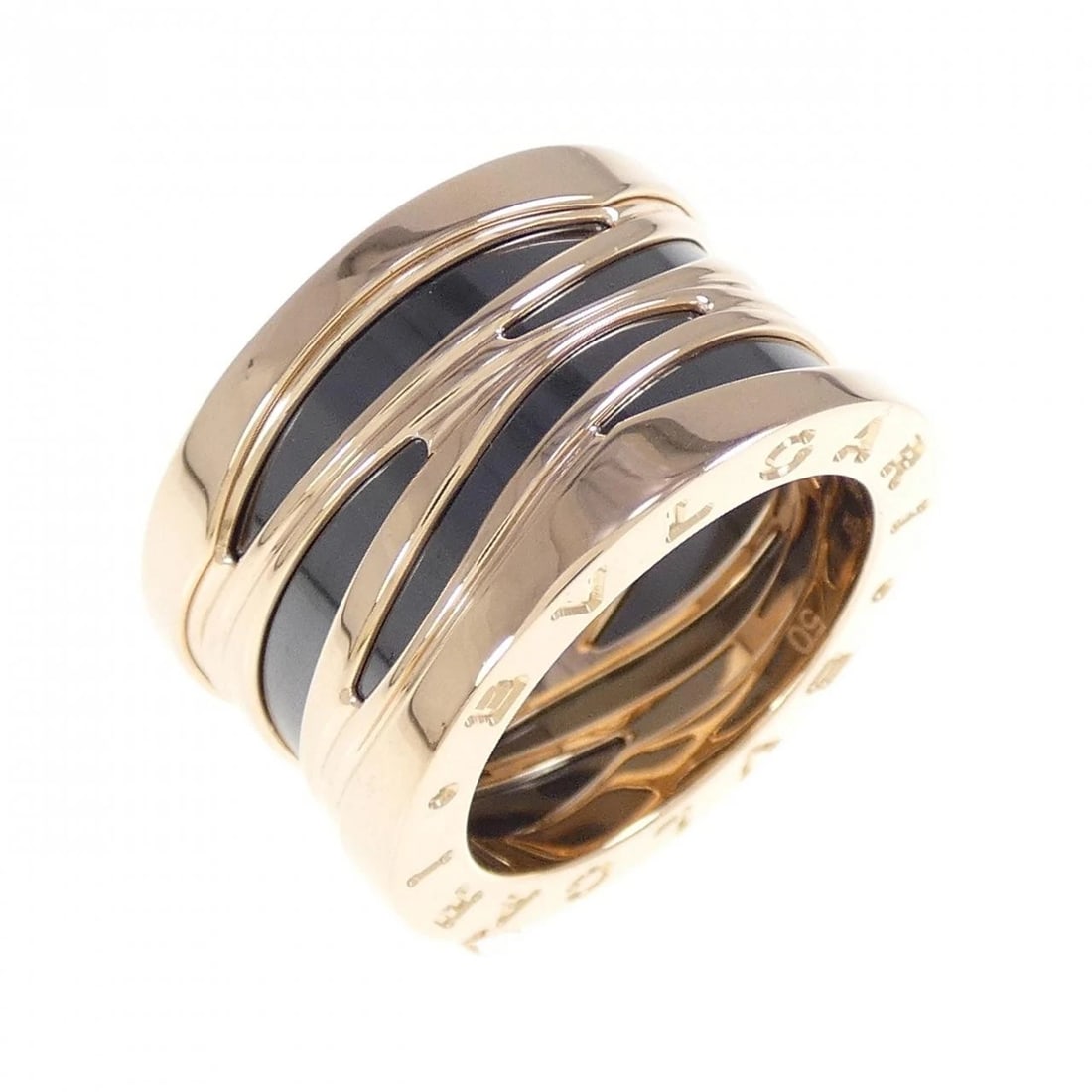 BVLGARI B.ZERO1 DESIGN LEGEND 4 BANDS RING: BVLGARI B.zero1 Design legend 4 Bands Ring Brand: BVLGARI Type: Ring Material: 750 Pink Gold ceramic, Color: Pink Gold ceramic Size: 5.5 US Accessories: None Accessories Notice: When purch