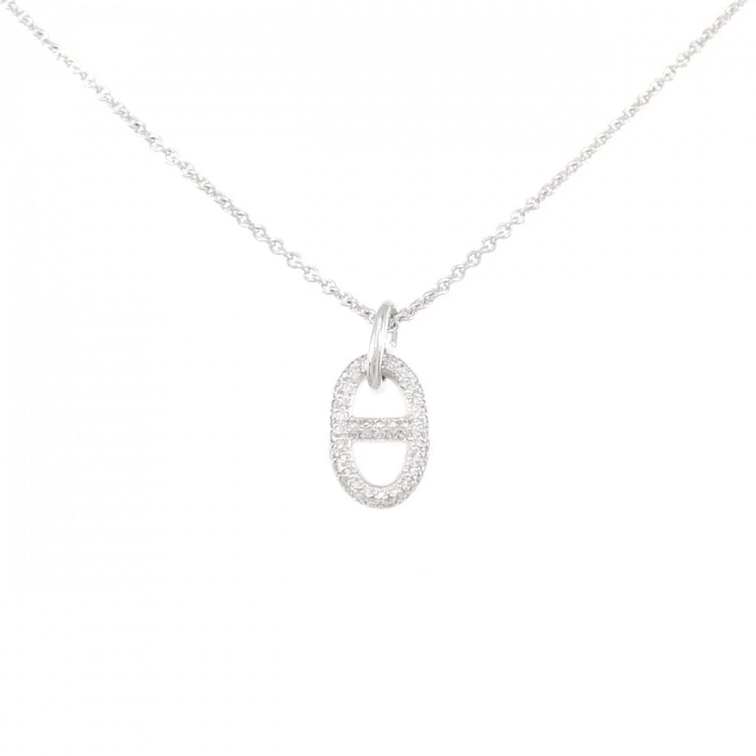 HERMES DIAMOND NECKLACE: HERMES Diamond Necklace Brand: HERMES Type: Necklace Material: 750 White Gold, Main Stone/Creation Natural Color: White Gold Size: ActualSize Pendant top H x W: 19.0mmx8.8mm Chain Max. W: