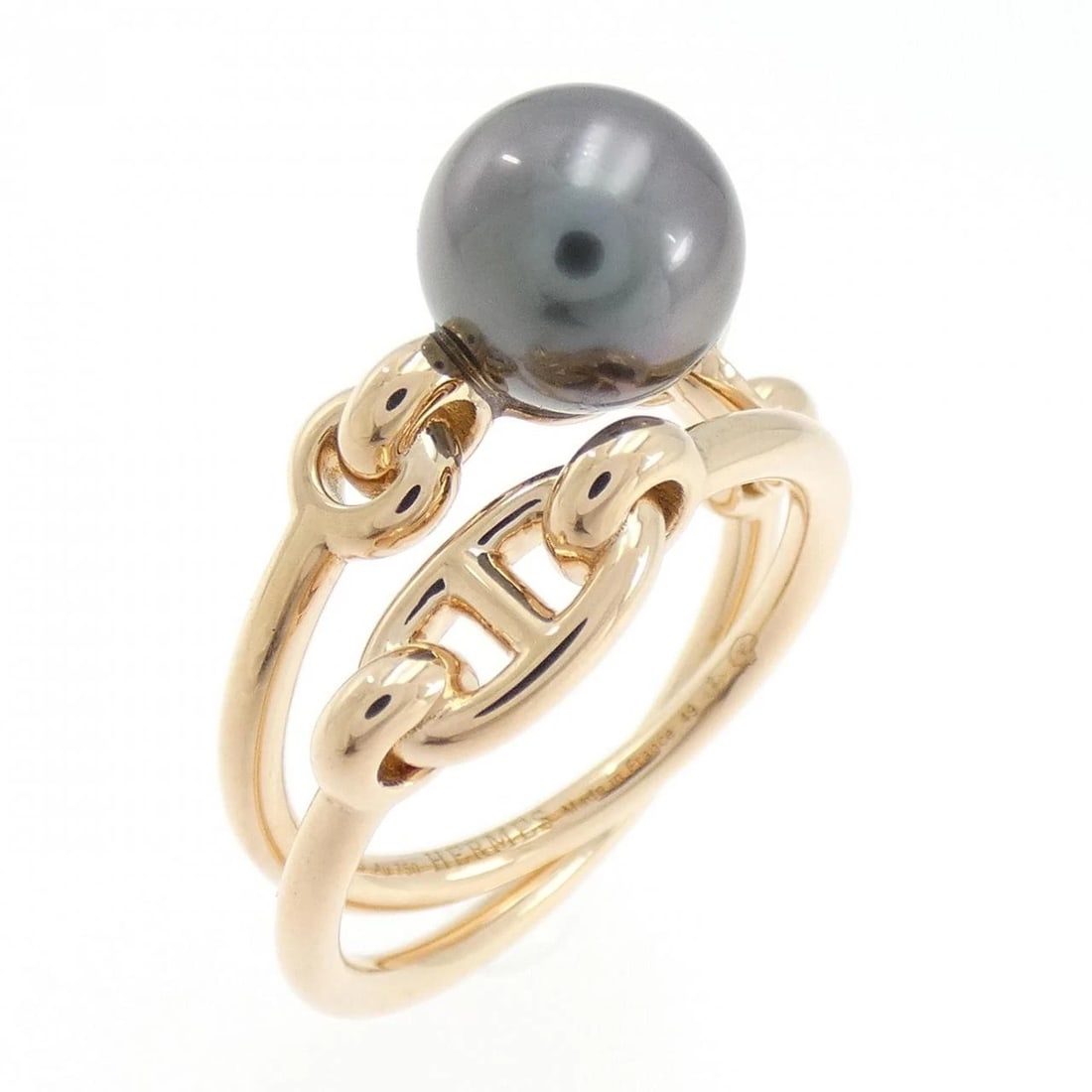 HERMES BLACK PEARL RING 0.3": HERMES Black pearl ring 0.3" Brand: HERMES Type: Ring Material: 18K, Main Stone/Creation Black Pearl Color: Gold Size: US 5.5 Accessories: None Accessories Notice: When purchasing pre-owned