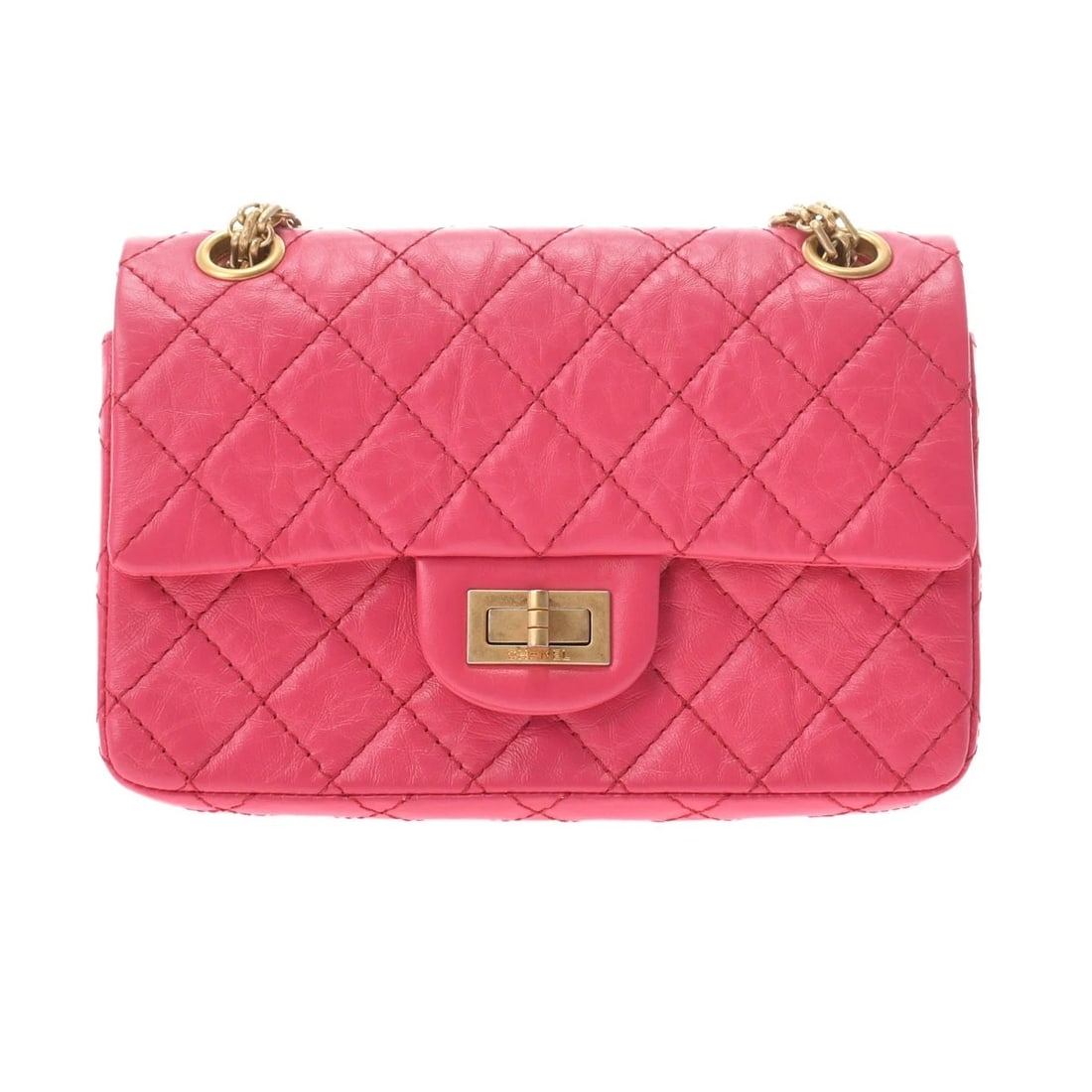 CHANEL 2.55 MINI HANDBAG PINK HANDBAG HANDBAG: CHANEL 2.55 Mini Handbag pink Handbag Handbag Brand: CHANEL Type: Handbag Material: Aged calfskin Color: pink × Gold Metal Size: H:about 5.1inch W:about 7.9inch D:about 3.1inch Shoulder:about 24.