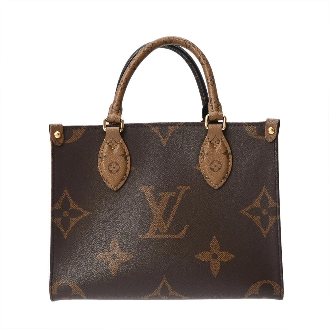 LOUIS VUITTON ON THE GO PM 2WAY MONOGRAM HANDBAG: LOUIS VUITTON On the Go PM 2WAY Monogram Handbag Brand: LOUIS VUITTON Type: Handbag Material: Monogram canvas/Monogram giant reverse Color: Brown Size: H:about 7.5inch W:about 9.8inch D:about 4.1i