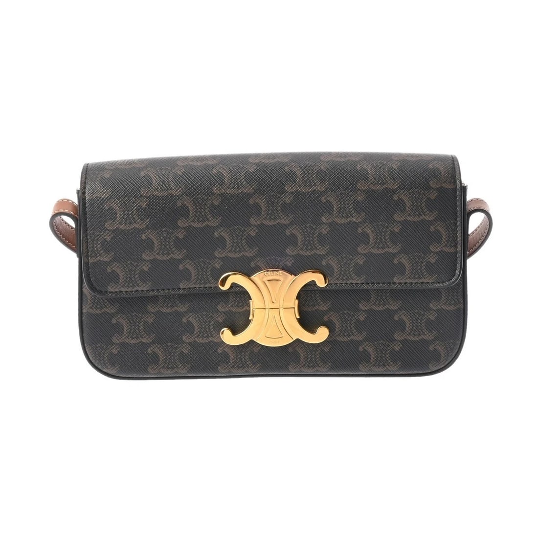 CELINE SHOULDER BAG SHOULDER BAG: CELINE Shoulder Bag Shoulder Bag Brand: CELINE Type: Shoulder Bag Material: Triomphe canvas/calf Color: Tan × Gold Metal Size: H:about 4.7inch W:about 7.9inch D:about 1.6inch Shoulder:about