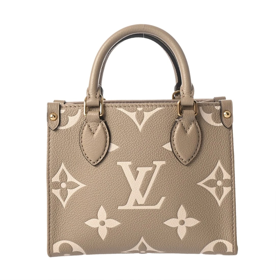 LOUIS VUITTON ON THE GO BB BICOLOR MONOGRAM EMPREINTE HANDBAG: LOUIS VUITTON On the Go BB Bicolor Monogram Empreinte Handbag Brand: LOUIS VUITTON Type: Handbag Material: leather Color: Tourterelle/Creme Size: H:about 5.9inch W:about 7.1inch D:about 3.1inch Sh