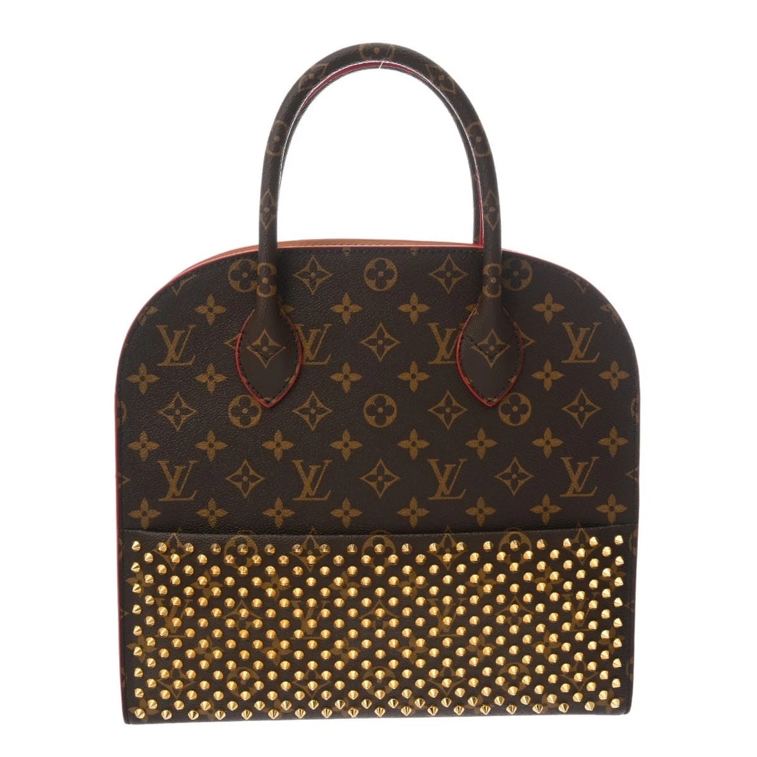 LOUIS VUITTON LVXCHRISTIAN LOUBOUTIN ICONOCLAST HANDBAG: LOUIS VUITTON LVxChristian Louboutin Iconoclast Handbag Brand: LOUIS VUITTON Type: Handbag Material: Monogram canvas/Harako/Studs Color: Brown / Red Size: H:about 11.4inch W:about 12.2inch