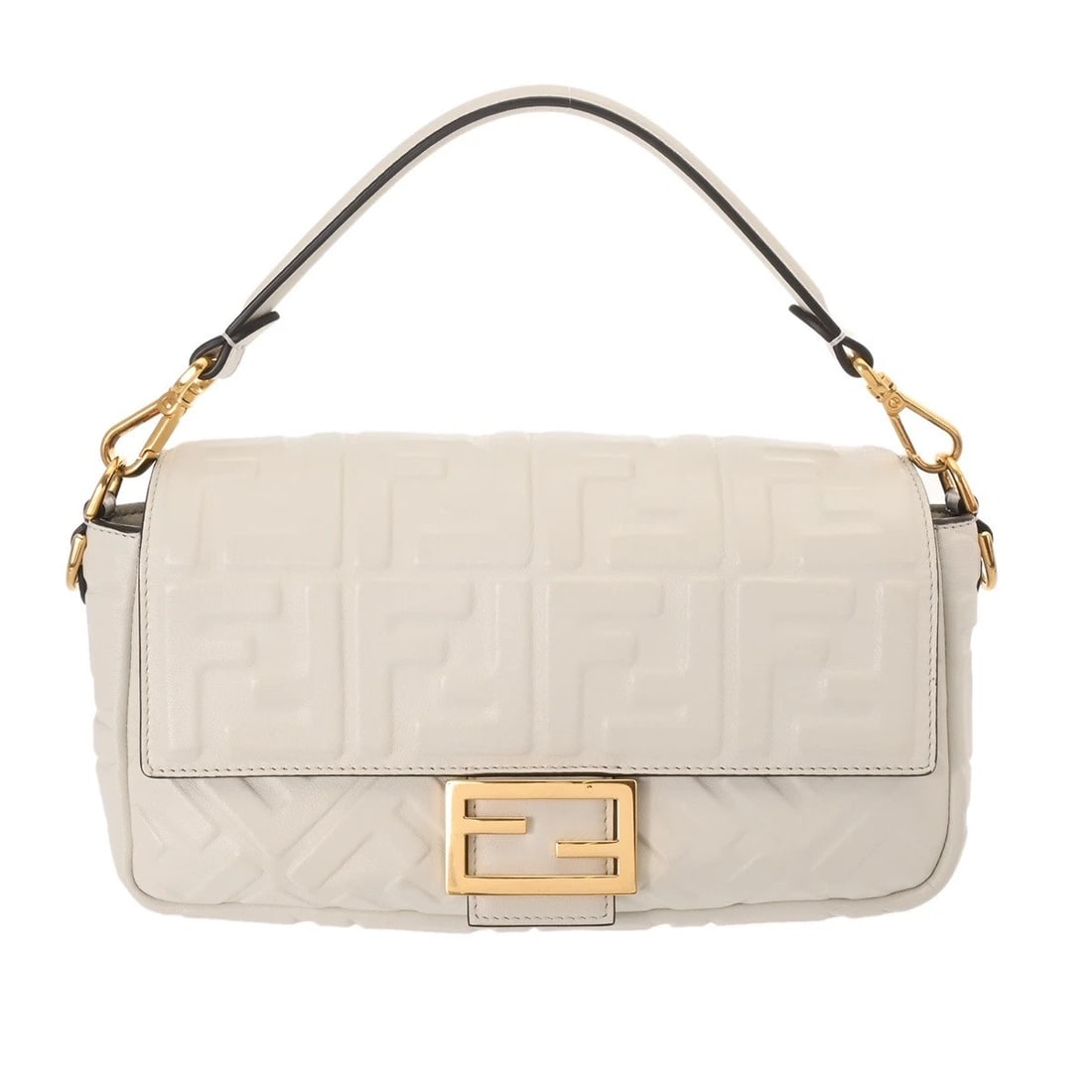 FENDI BAGUETTE MEDIUM TOP HANDLE SHOULDER BAG: FENDI Baguette Medium Top Handle Shoulder Bag Brand: FENDI Type: Shoulder Bag Material: leather Color: white × Gold Metal Size: H:about 5.9inch W:about 10.2inch D:about 2.2inch Shoulder:about 35.