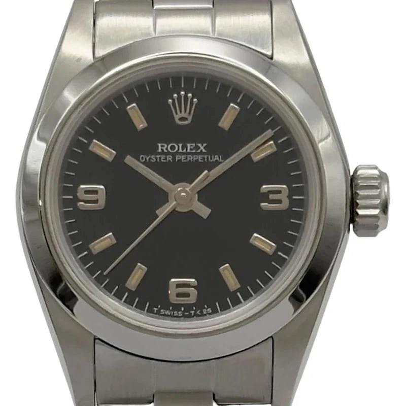 ROLEX OYSTER PERPETUAL BLACK WATCH: Rolex Oyster Perpetual Black Watch Brand: ROLEX Type: Wrist watch Material: Stainless steel Color: Dial Color Black Size: [ Case size ] 24mm / Case thickness: 9.4mm [ Arm circumference size ]