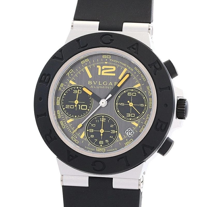 BVLGARI ALUMINIUM CHRONOGRAPH GRAN TURISMO WATCH: Bvlgari Aluminium Chronograph Gran Turismo Watch Brand: BVLGARI Type: Wrist watch Material: Case Material Aluminum Band Material Rubber/aluminum buckle Color: Dial Color Charcoal Gray Size: [