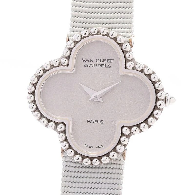 VAN CLEEF & ARPELS ALHAMBRA WATCH: Van Cleef & Arpels Alhambra Watch Brand: VAN CLEEF & ARPELS Type: Wrist watch Material: Case Material 18K White Gold Band Material Fabric belt/18K white gold buckle Color: Dial Color Silver 