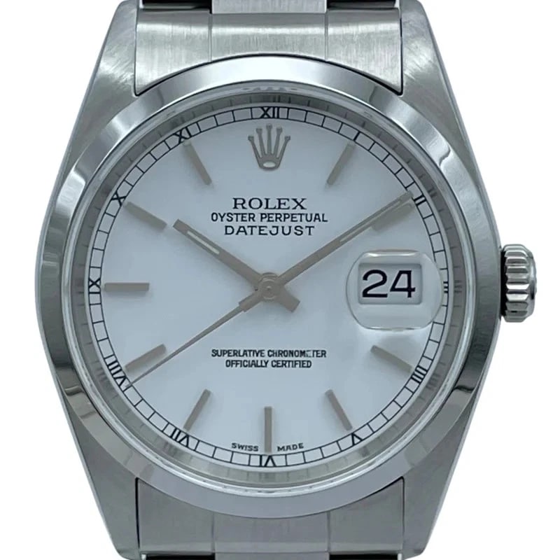 ROLEX DATEJUST WHITE WATCH: Rolex Datejust White Watch Brand: ROLEX Type: Wrist watch Material: SS Color: Dial Color White Size: [ Case size ] 36mm / Case shape: Round face / Case thickness: 11.6mm [ Arm circumference size ]