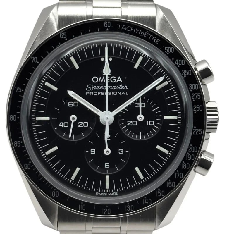 OMEGA SPEEDMASTER MOONWATCH BLACK WATCH: Omega Speedmaster Moonwatch Black Watch Brand: OMEGA Type: Wrist watch Material: Stainless steel Color: Dial Color Black Size: [ Case size ] 42mm / Case shape: Round face [ Arm circumference