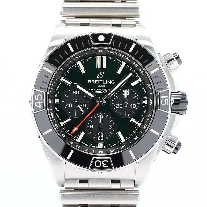 BREITLING SUPER CHRONOMAT WATCH: Breitling Super Chronomat Watch Brand: BREITLING Type: Wrist watch Material: Case Material Ceramic/Stainless Steel Band Material SS Color: Dial Color Green/Black Size: [ Case size ] 44mm [ Arm