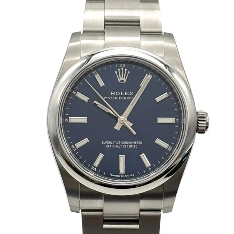 ROLEX OYSTER PERPETUAL BRIGHT BLUE WATCH: Rolex Oyster Perpetual Bright Blue Watch Brand: ROLEX Type: Wrist watch Material: SS Color: Dial Color Bright Blue Size: [ Case size ] 34mm [ Arm circumference size ] 17cm Accessories: None
