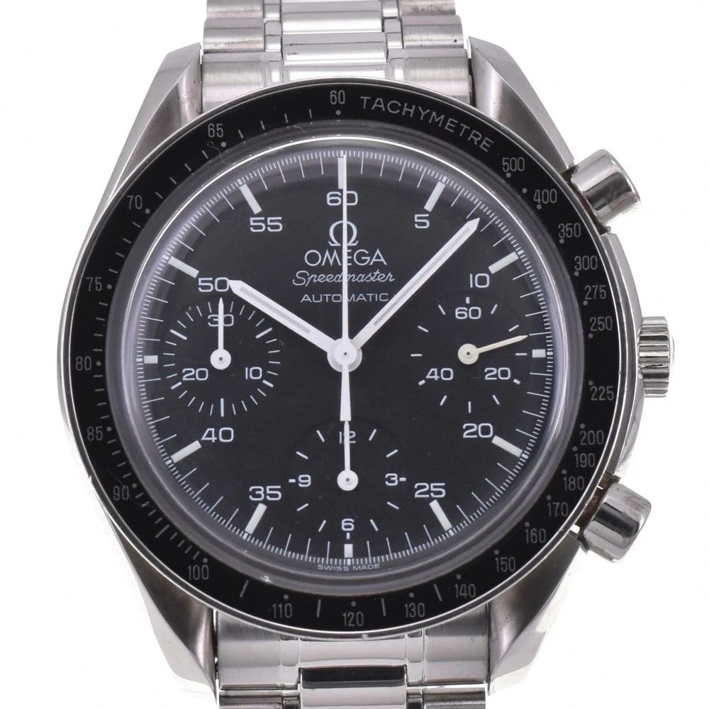 OMEGA SPEEDMASTER CHRONOGRAPH BLACK DIAL WATCH: OMEGA Speedmaster Chronograph black Dial Watch Brand: OMEGA Type: Wristwatch Material: Band Material Stainless Steel, Case Material Stainless Steel Color: Dial Color black, Case Color Silver