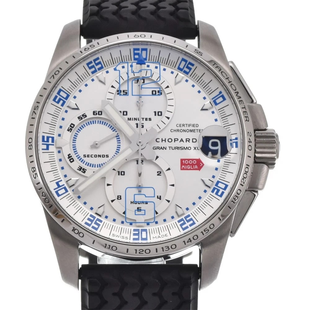 CHOPARD MILLE MIGLIA CHRONOGRAPH WATCH: Chopard Mille Miglia Chronograph Watch Brand: Chopard Type: Wristwatch Material: Band Material rubber, Case Material Stainless Steel Color: Dial Color Silver, Case Color Silver Band Color black