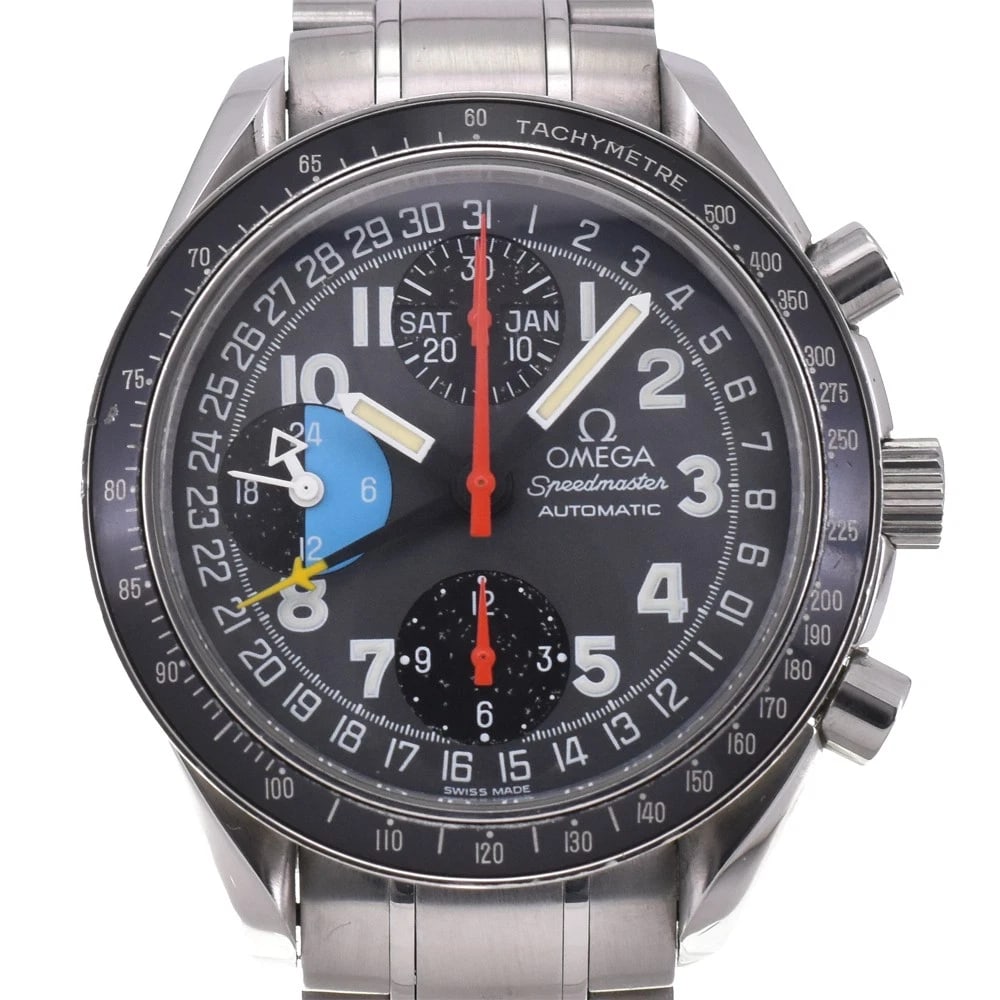 OMEGA SPEEDMASTER WATCH: OMEGA Speedmaster Watch Brand: OMEGA Type: Wristwatch Material: Band Material Stainless Steel, Case Material Stainless Steel Color: Dial Color gray, Case Color Silver Band Color Silver Size: Case