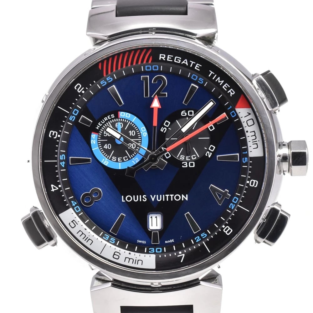 LOUIS VUITTON TAMBOUR REGATTA CHRONOGRAPH WATCH: LOUIS VUITTON Tambour Regatta Chronograph Watch Brand: LOUIS VUITTON Type: Wristwatch Material: Band Material Stainless Steel / Rubber, Case Material Stainless Steel Color: Dial Color blue,
