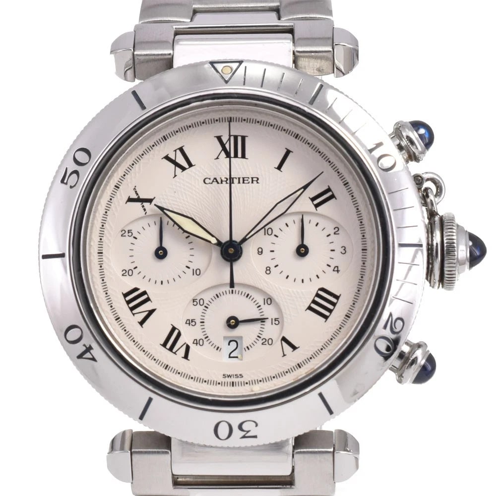 CARTIER PASHA CHRONOGRAPH SILVER DIAL WATCH: CARTIER Pasha Chronograph Silver Dial Watch Brand: CARTIER Type: Wristwatch Material: Band Material Stainless Steel, Case Material Stainless Steel Color: Dial Color Silver, Case Color Silver