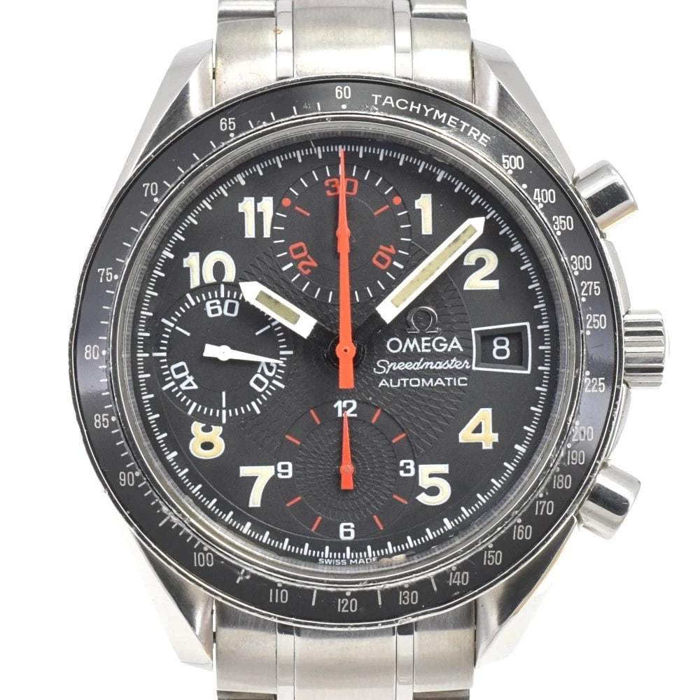 OMEGA SPEEDMASTER CHRONOGRAPH WATCH: OMEGA Speedmaster Chronograph Watch Brand: OMEGA Type: Wristwatch Material: Band Material Stainless Steel, Case Material Stainless Steel Color: Dial Color black, Case Color Silver Band Color