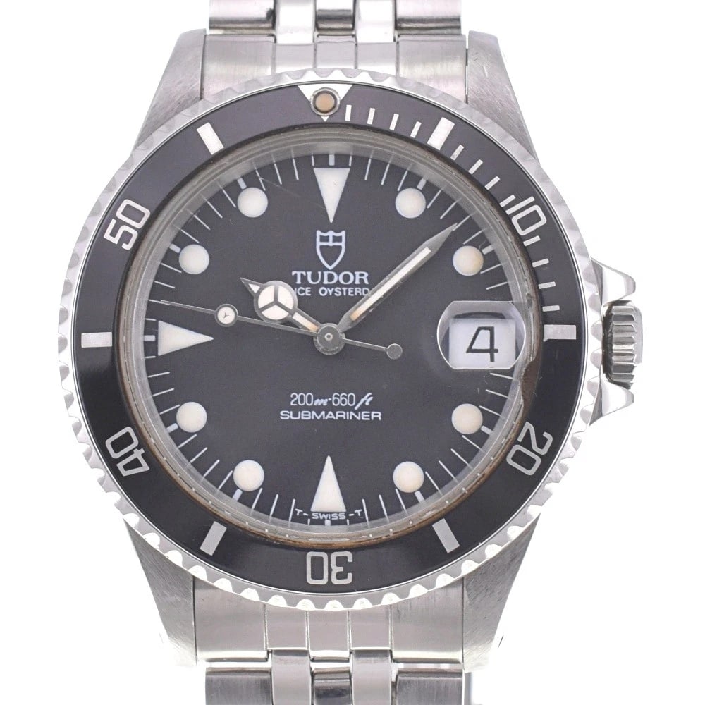 TUDOR SUBMARINER WATCH: TUDOR Submariner Watch Brand: TUDOR Type: Wristwatch Material: Band Material Stainless Steel, Case Material Stainless Steel Color: Dial Color black, Case Color Silver Band Color Silver Size: