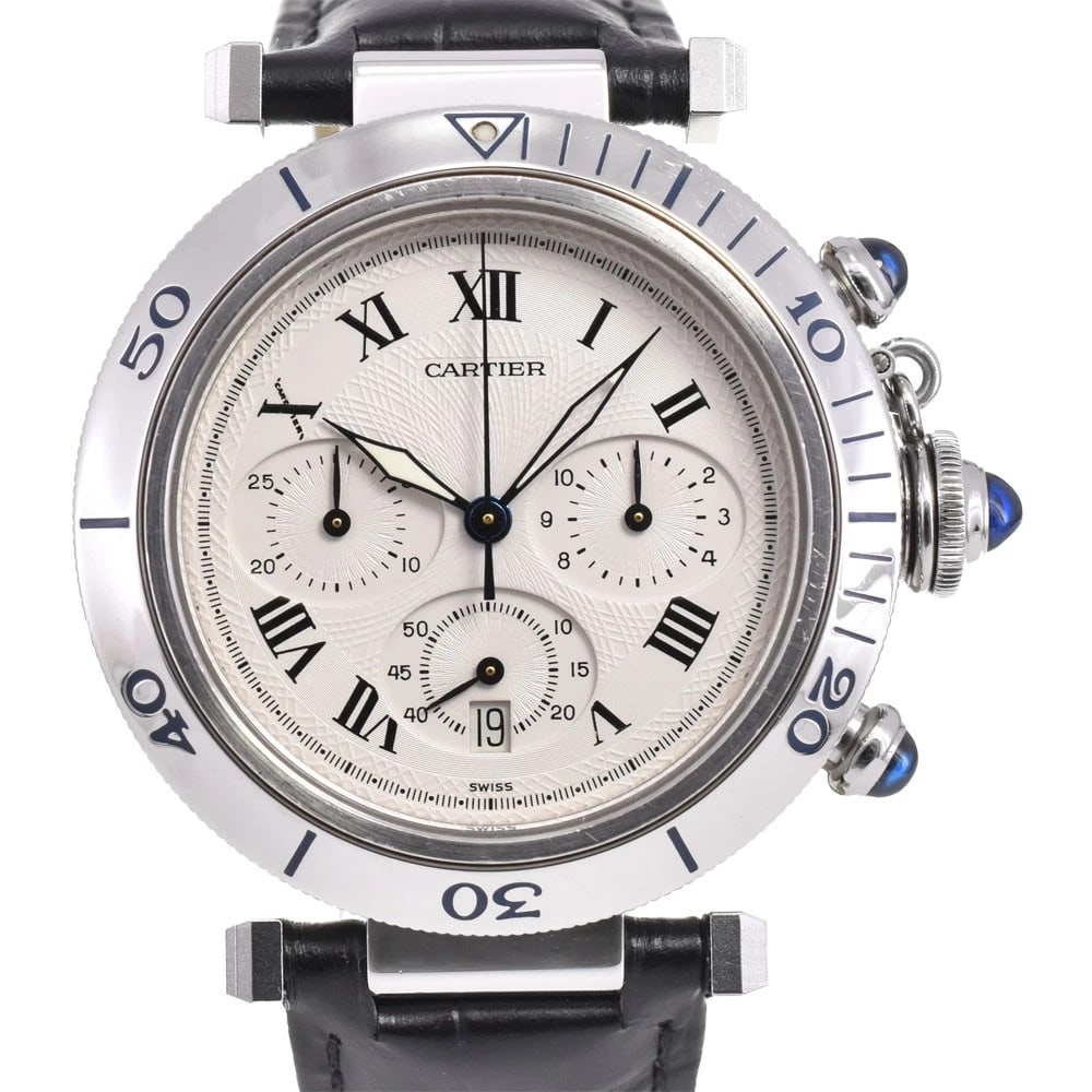 CARTIER PASHA CHRONOGRAPH SILVER DIAL WATCH: CARTIER Pasha Chronograph Silver Dial Watch Brand: CARTIER Type: Wristwatch Material: Band Material leather, Case Material Stainless Steel Color: Dial Color Silver, Case Color Silver Band Color bla