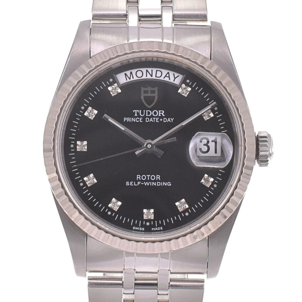 TUDOR PRINCE DAY DIAMOND BLACKDIAL WATCH: TUDOR Prince Day diamond blackDial Watch Brand: TUDOR Type: Wristwatch Material: Band Material Stainless Steel, Case Material Stainless Steel Color: Dial Color black, Case Color Silver Band