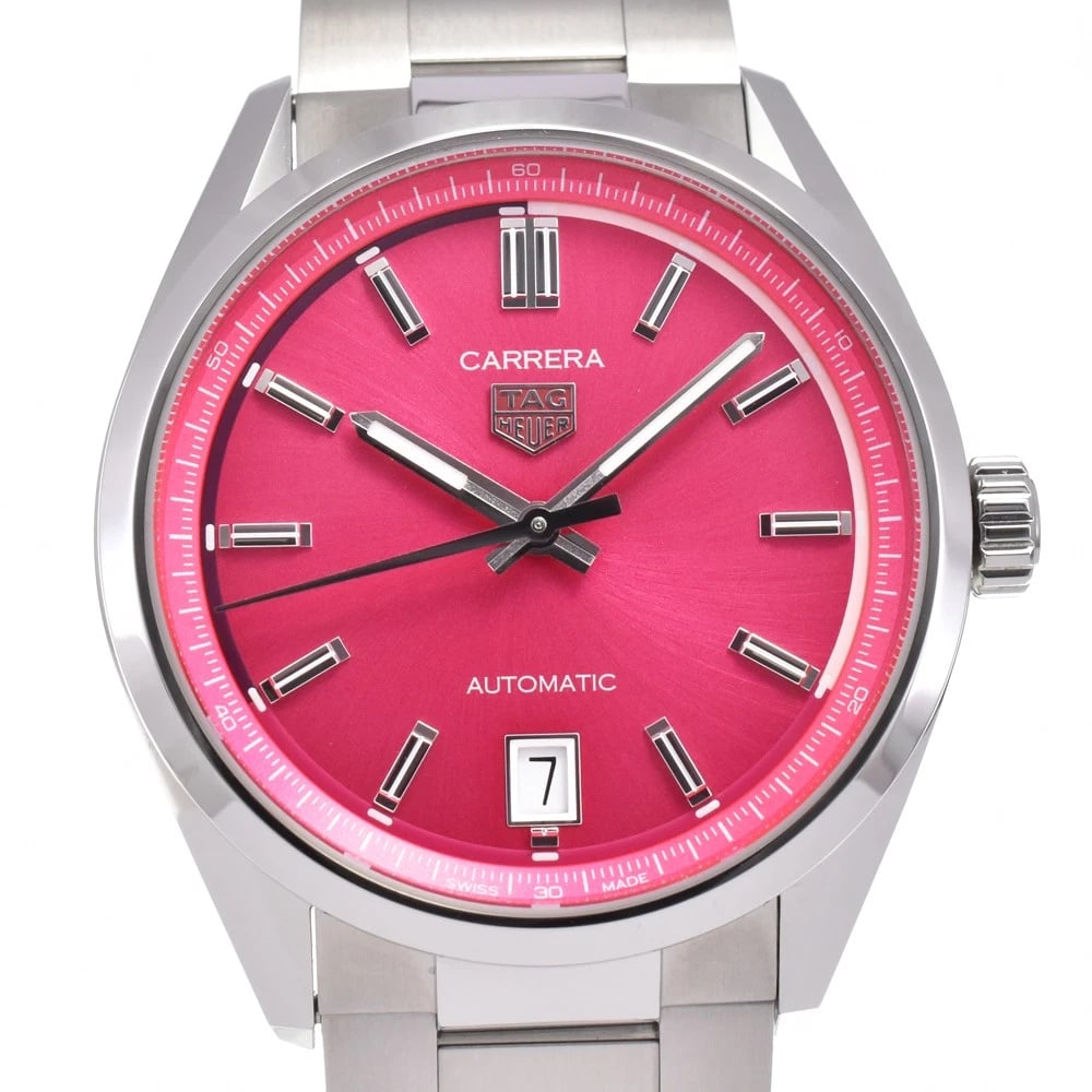 TAG HEUER CARRERA WATCH: TAG HEUER Carrera Watch Brand: TAG HEUER Type: Wristwatch Material: Band Material Stainless Steel, Case Material Stainless Steel Color: Dial Color pink, Case Color Silver Band Color Silver Size: C