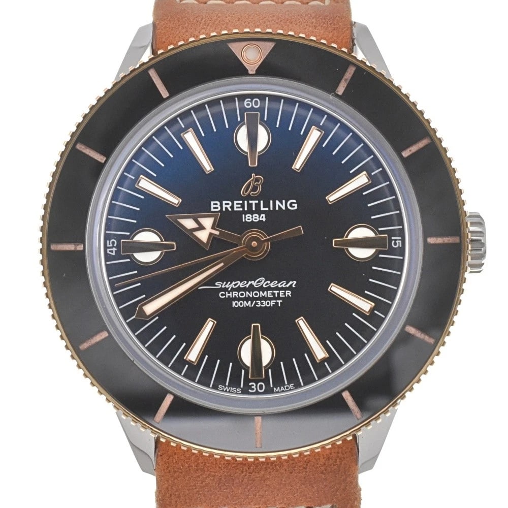 BREITLING SUPEROCEAN WATCH: BREITLING Superocean Watch Brand: BREITLING Type: Wristwatch Material: Band Material leather, Case Material Stainless Steel/RG Color: Dial Color black, Case Color Silver / Red Gold Band Color Brown