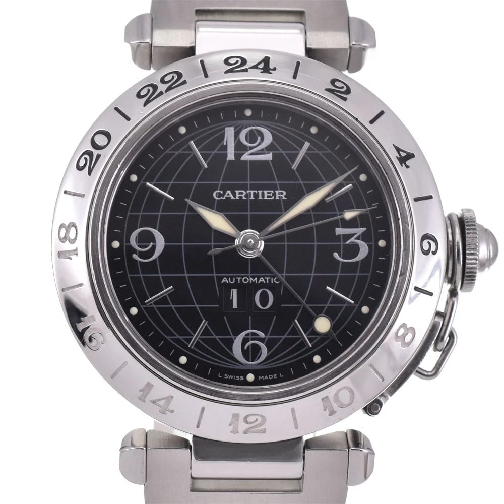 CARTIER PASHA C MERIDIAN GMT WATCH: CARTIER Pasha C Meridian GMT Watch Brand: CARTIER Type: Wristwatch Material: Band Material Stainless Steel, Case Material Stainless Steel Color: Dial Color black, Case Color Silver Band Color