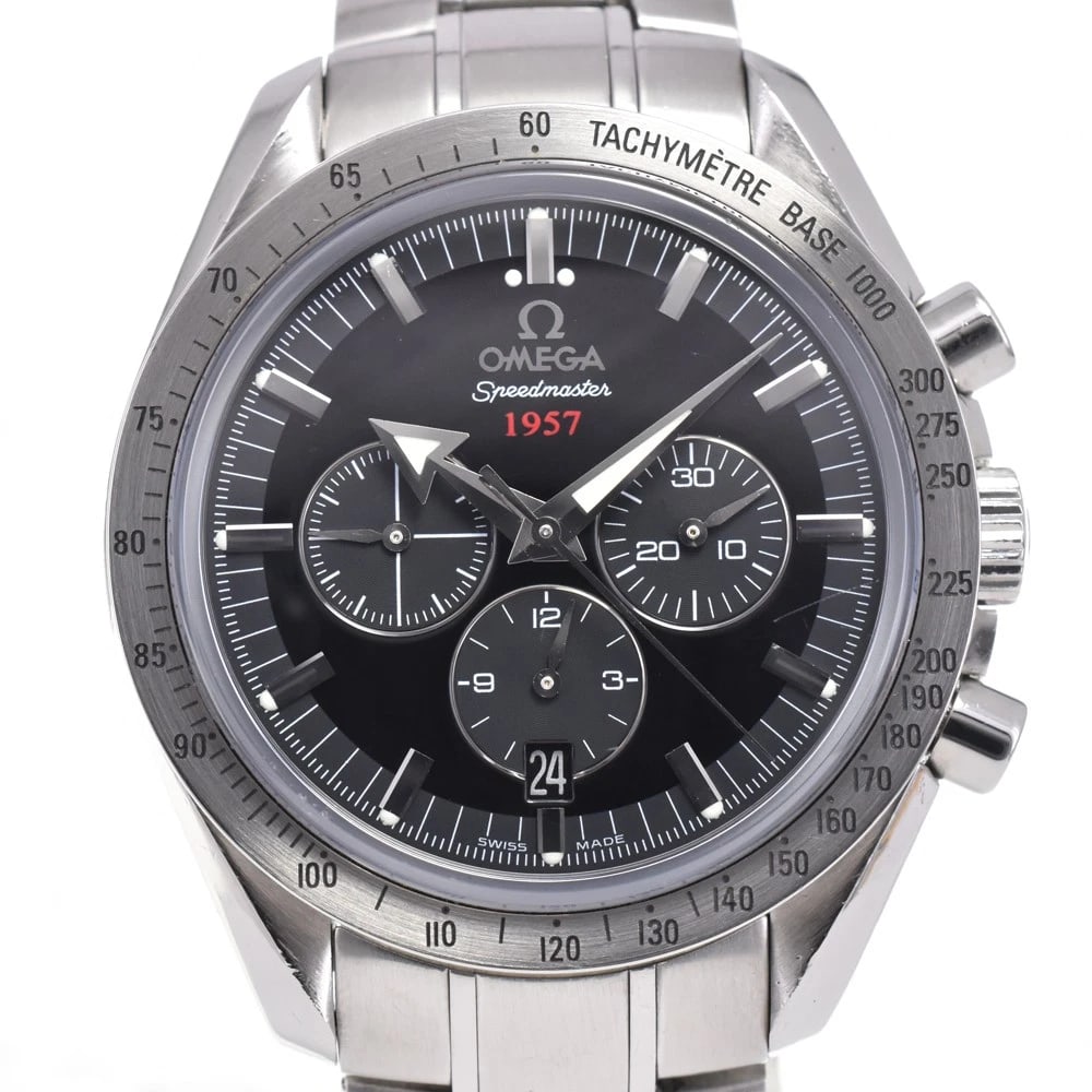 OMEGA SPEEDMASTER BROAD ARROW WATCH: OMEGA Speedmaster Broad Arrow Watch Brand: OMEGA Type: Wristwatch Material: Band Material Stainless Steel, Case Material Stainless Steel Color: Dial Color black, Case Color Silver Band Color