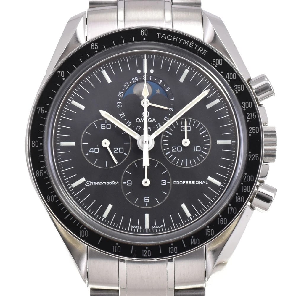 OMEGA SPEEDMASTER MOON PHASE WATCH: OMEGA Speedmaster Moon phase Watch Brand: OMEGA Type: Wristwatch Material: Band Material Stainless Steel, Case Material Stainless Steel Color: Dial Color black, Case Color Silver Band Color