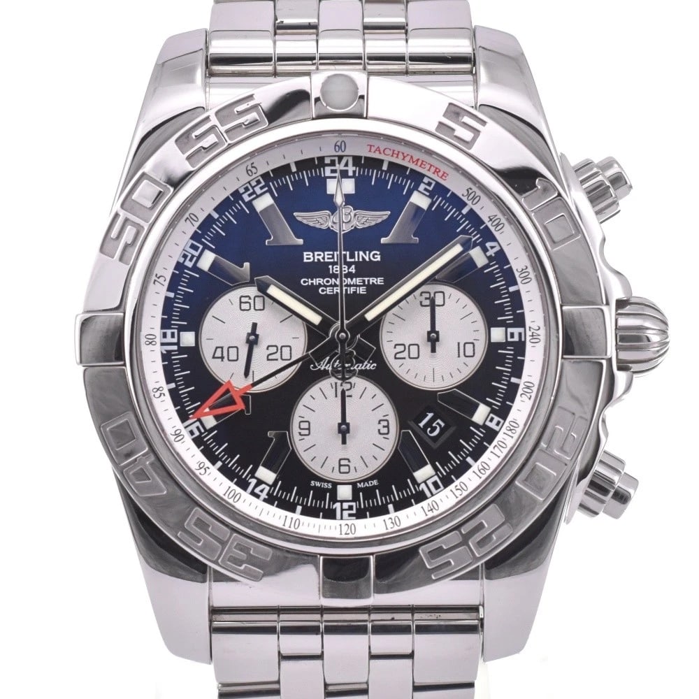BREITLING CHRONOMAT GMT CHRONOGRAPH WATCH: BREITLING Chronomat GMT Chronograph Watch Brand: BREITLING Type: Wristwatch Material: Band Material Stainless Steel, Case Material Stainless Steel Color: Dial Color Black / Silver, Case Color Silve