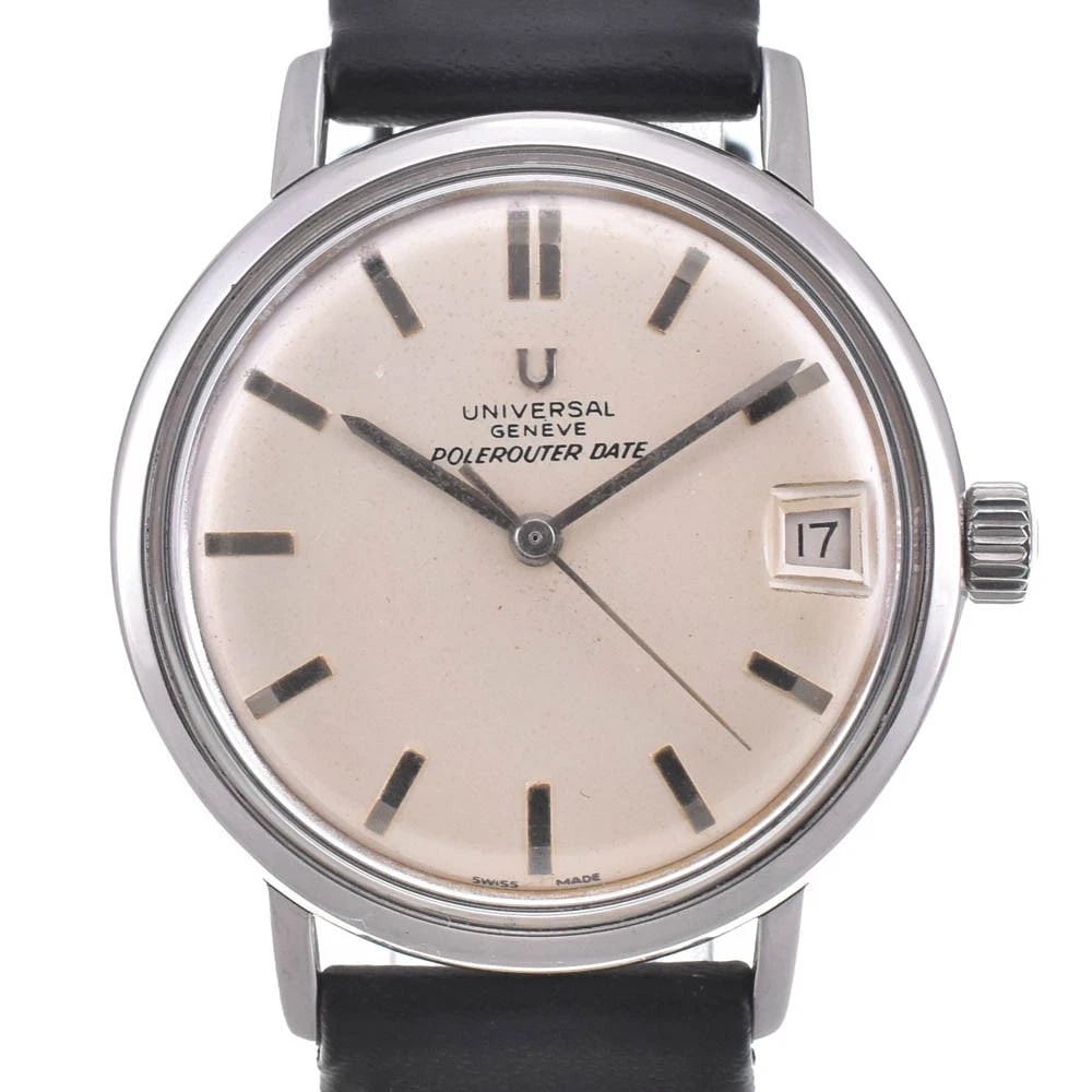 UNIVERSAL GENVE POLEROUTER SILVER DIAL WATCH: Universal Genve Polerouter Silver Dial Watch Brand: Universal Genve Type: Wristwatch Material: Band Material leather, Case Material Stainless Steel Color: Dial Color Silver, Case Color Silver