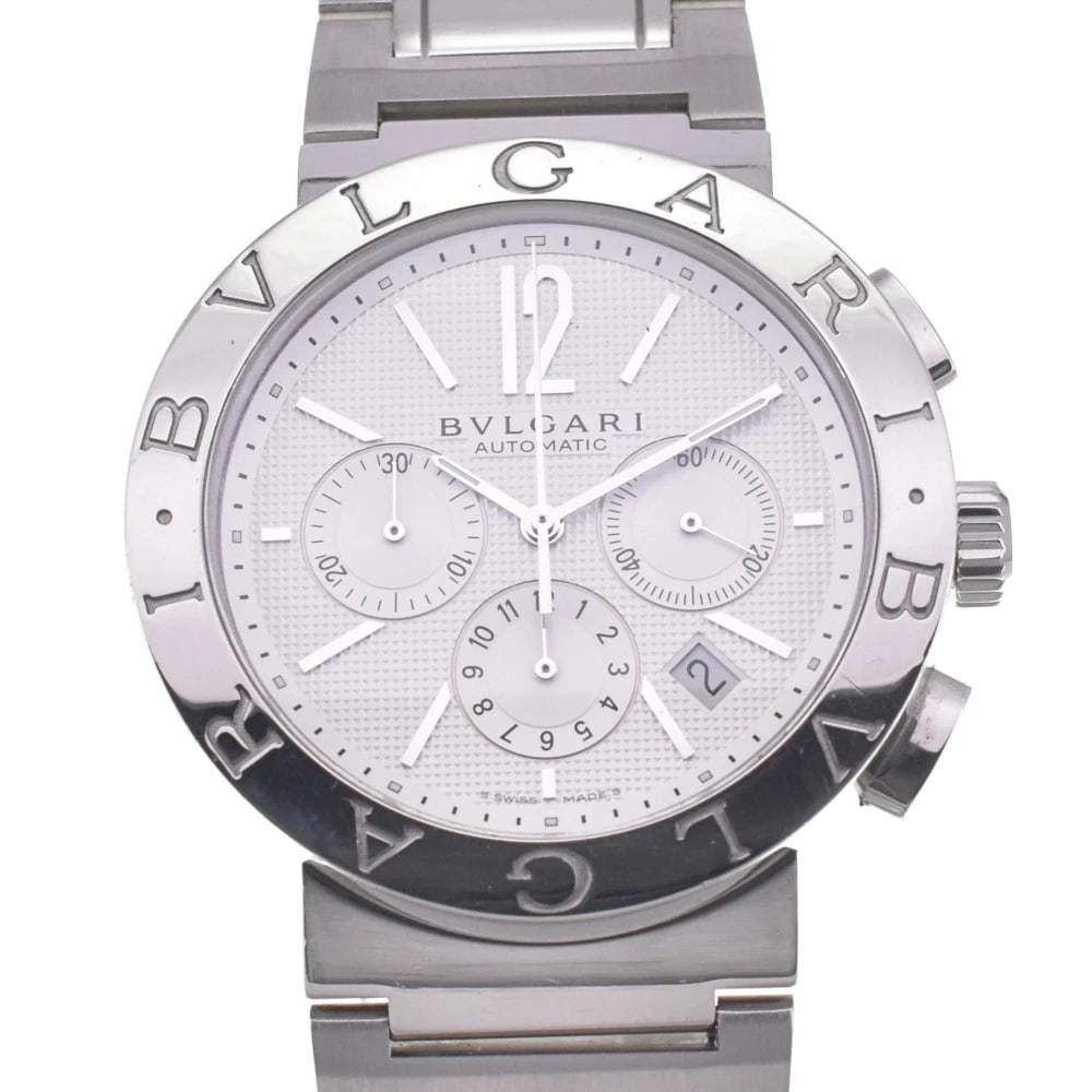 BVLGARI CHRONOGRAPH WATCH: BVLGARI Chronograph Watch Brand: BVLGARI Type: Wristwatch Material: Band Material Stainless Steel, Case Material Stainless Steel Color: Dial Color Silver, Case Color Silver Band Color Silver 