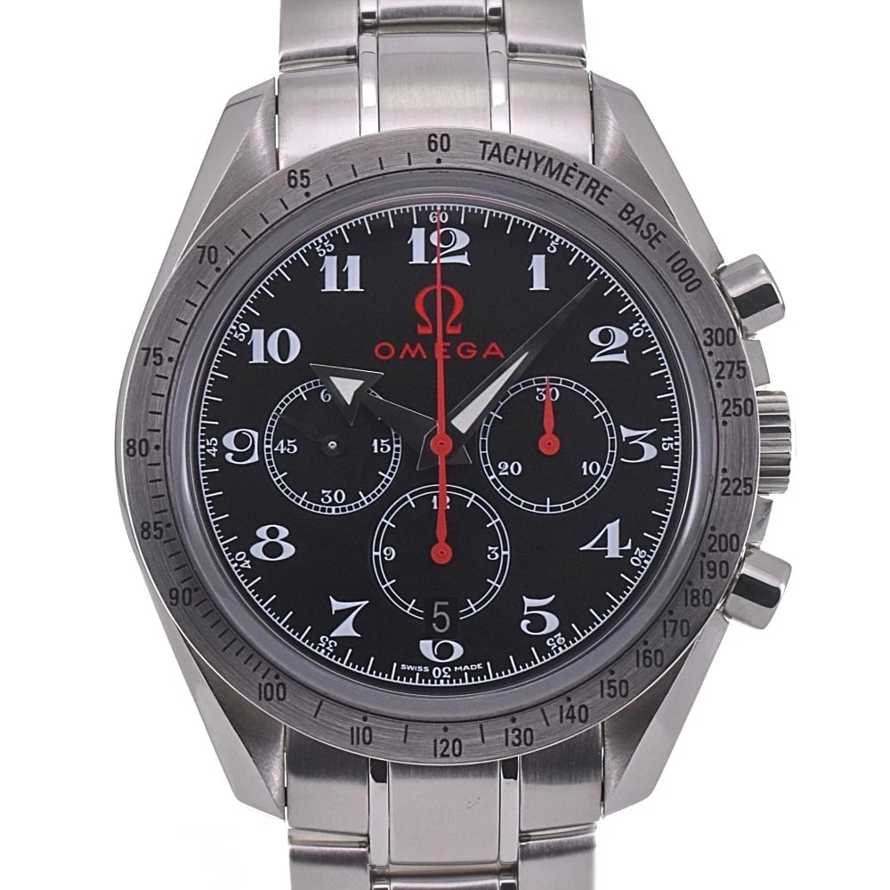 OMEGA SPEEDMASTER BROAD ARROW WATCH: OMEGA Speedmaster Broad Arrow Watch Brand: OMEGA Type: Wristwatch Material: Band Material Stainless Steel, Case Material Stainless Steel Color: Dial Color black, Case Color Silver Band Color