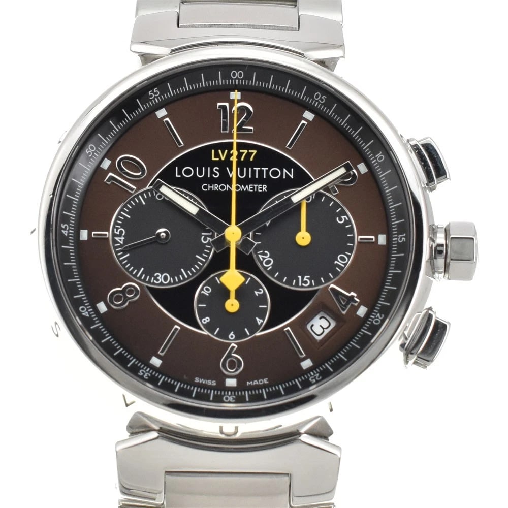 LOUIS VUITTON TAMBOUR CHRONO WATCH: LOUIS VUITTON Tambour Chrono Watch Brand: LOUIS VUITTON Type: Wristwatch Material: Band Material Stainless Steel, Case Material Stainless Steel Color: Dial Color Brown / Black, Case Color