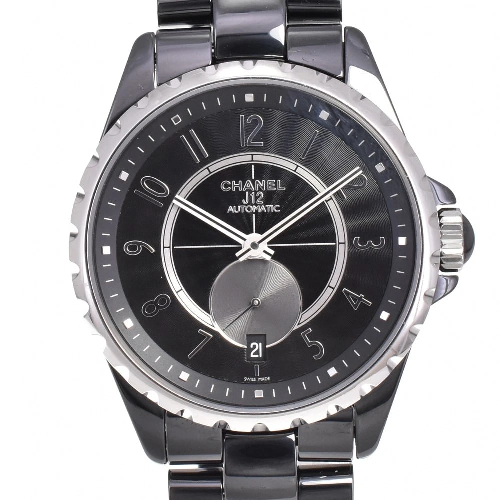 CHANEL J12 BLACK DIAL WATCH: CHANEL J12 black Dial Watch Brand: CHANEL Type: Wristwatch Material: Band Material ceramic, Case Material Ceramic / Stainless Steel Color: Dial Color black, Case Color Black / Silver Band Color