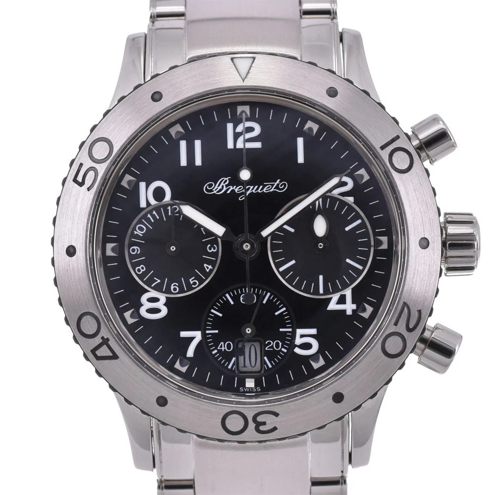 BREGUET TRANSATLANTIC CHRONOGRAPH WATCH: Breguet Transatlantic chronograph Watch Brand: Breguet Type: Wristwatch Material: Band Material Stainless Steel, Case Material Stainless Steel Color: Dial Color black, Case Color Silver Band Color