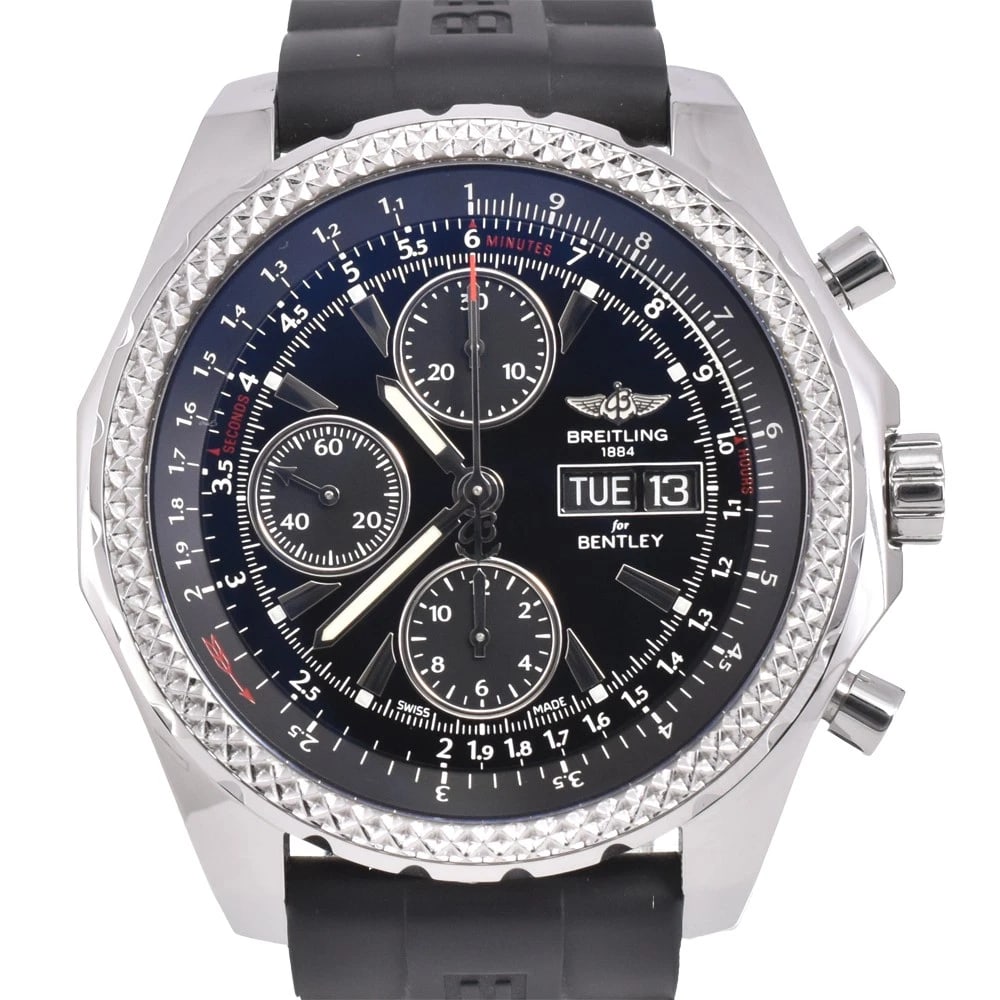BREITLING BENTLEY BLACK DIAL WATCH: BREITLING Bentley black Dial Watch Brand: BREITLING Type: Wristwatch Material: Band Material rubber, Case Material Stainless Steel Color: Dial Color black, Case Color Silver Band Color black Size: