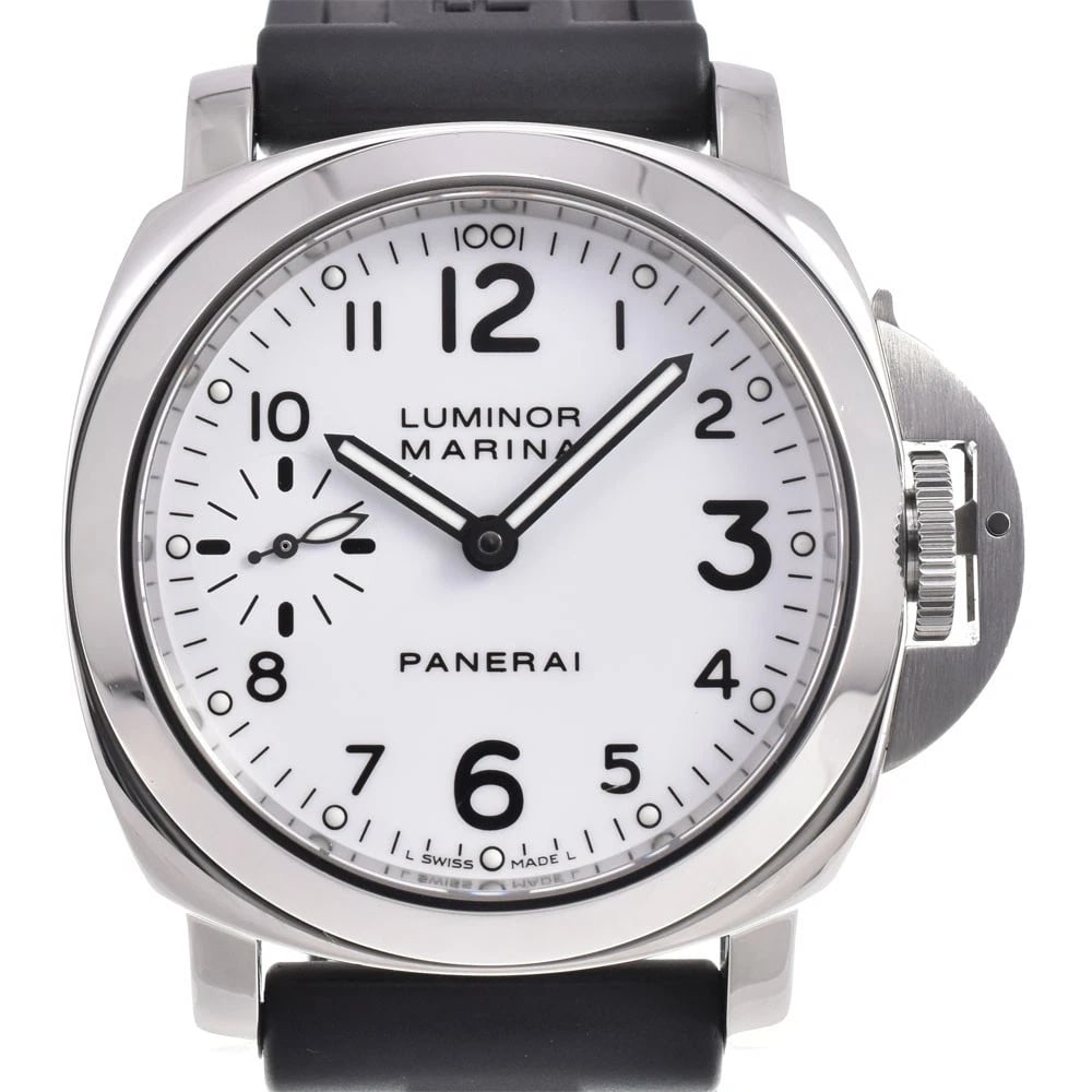 PANERAI LUMINOR MARINA WATCH: PANERAI Luminor Marina Watch Brand: PANERAI Type: Wristwatch Material: Band Material rubber, Case Material Stainless Steel Color: Dial Color white, Case Color Silver Band Color black Size:
