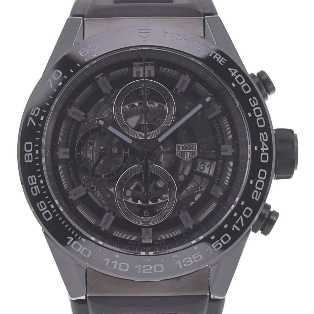 TAG HEUER CARRERA CERAMIC CHRONOGRAPH WATCH: TAG HEUER Carrera Ceramic Chronograph Watch Brand: TAG HEUER Type: Wristwatch Material: Band Material rubber, Case Material ceramic Color: Dial Color Black (Skeleton), Case Color black Band